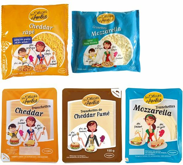 Cheddar rapé, cossettes de mozzarella et tranchettes de cheddar fumé, de cheddar et de mozzarella de LES DÉLICES D'AMÉLIE