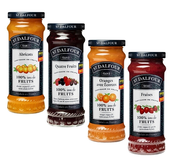 Tartinades de fruits Fraises, Abricot 28, Quatre Fruits, Oranges avec écorces de ST DALFOUR