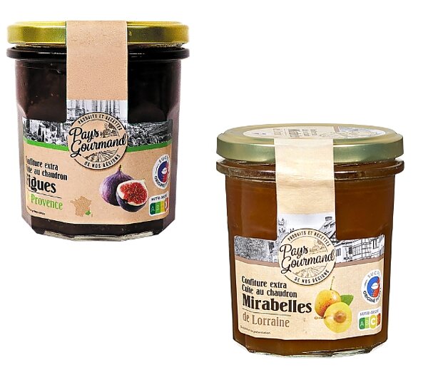 Confitures extra de mirabelles de Lorraine et confiture de figues extra de Provence PAYS GOURMAND de ALDI
